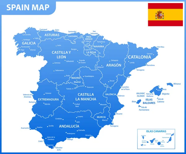 Mapa Detalhado Espanha Com Regiões Estados Cidades Capitais Bandeira Nacional — Vetor de Stock