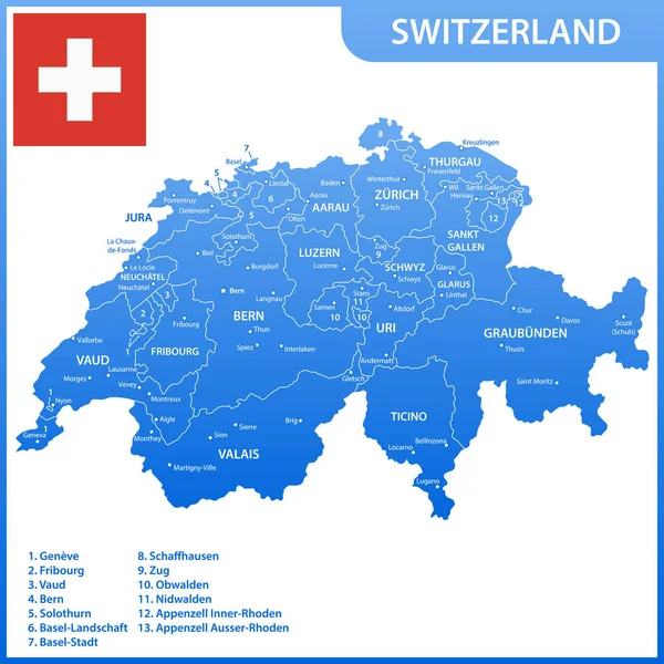 Mapa Detalhado Suíça Com Regiões Estados Cidades Capitais Bandeira Nacional —  Vetores de Stock