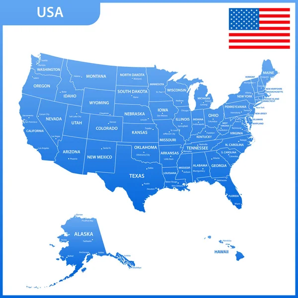 地域または州と都市 首都が付いている米国の詳細地図 アメリカ合衆国の国旗と — ストックベクタ