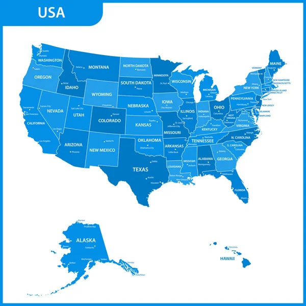 Mapa Detallado Los Con Regiones Estados Ciudades Capital Estados Unidos — Vector de stock