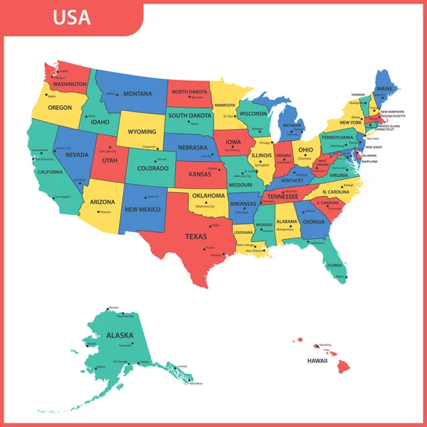 Mapa Detalhado Dos Eua Com Regiões Estados Cidades Capital Estados —  Vetores de Stock