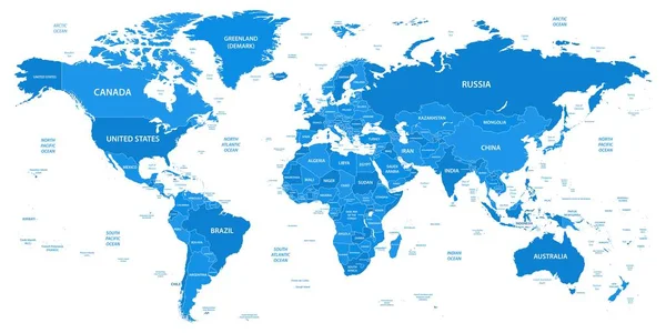Детальная Карта Мира Границами Странами Водными Объектами — стоковый вектор