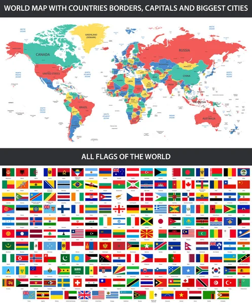 アルファベット順とボーダー 大都市の詳細な世界地図の世界のすべてのフラグ — ストックベクタ