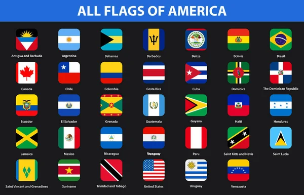 Banderas Todos Los Países Los Continentes Americanos Estilo Plano — Vector de stock