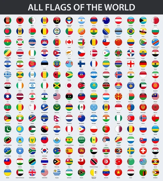Wszystkie Flagi Świata Kolejności Alfabetycznej Okrągłe Koło Błyszczący Styl — Wektor stockowy