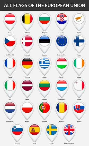 Stock vector All flags of the countries of the European Union. Pin map pointer glossy style.