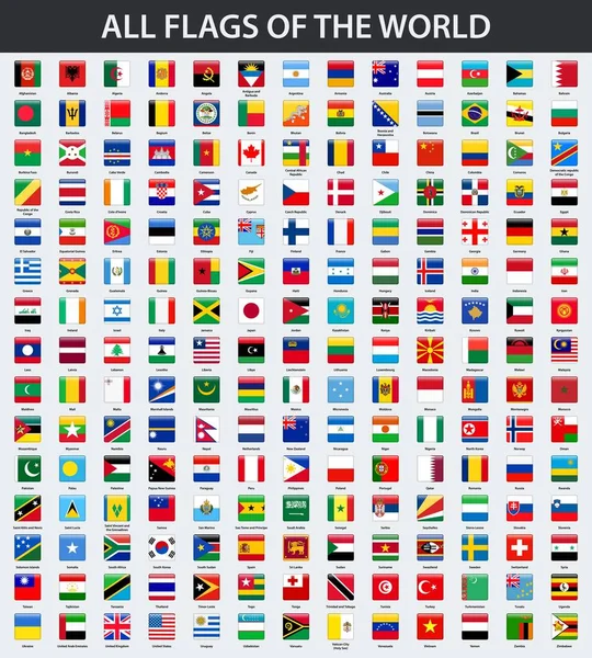 Tutte Bandiere Del Mondo Ordine Alfabetico Stile Quadrato Lucido — Vettoriale Stock