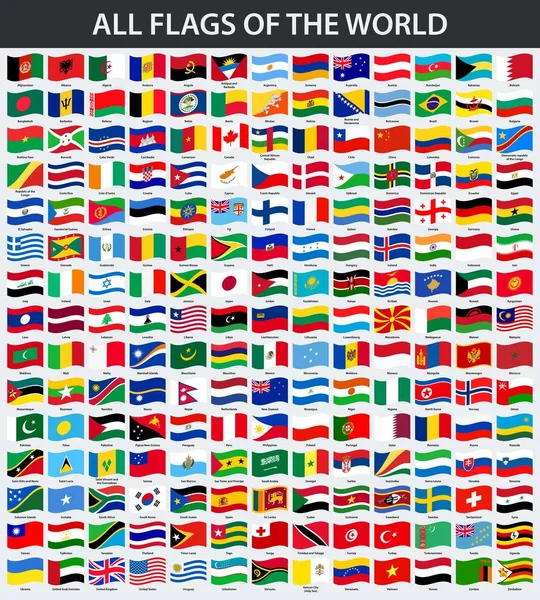 Minden Zászlók Világ Abc Sorrendben Hullámzó Stílus — Stock Vector