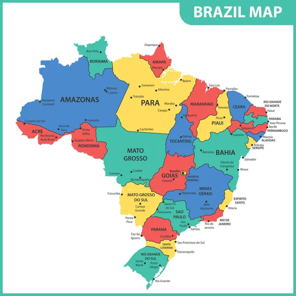 Mapa Detalhado Brasil Com Regiões Estados Cidades Capitais — Vetor de Stock