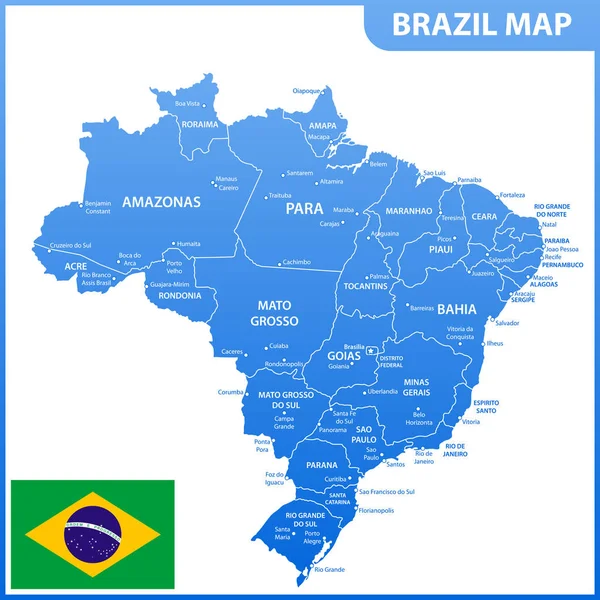 Mapa Detalhado Brasil Com Regiões Estados Cidades Capitais Bandeira Nacional —  Vetores de Stock