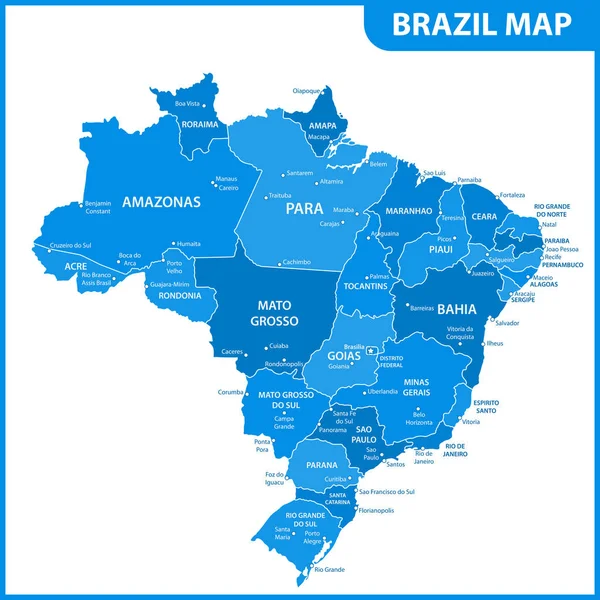 Mappa Dettagliata Del Brasile Con Regioni Stati Città Capitali — Vettoriale Stock