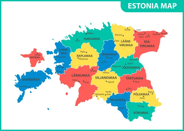Gedetailleerde Kaart Van Estland Met Regio Staten Steden Kapitaal Bestuurlijke — Stockvector