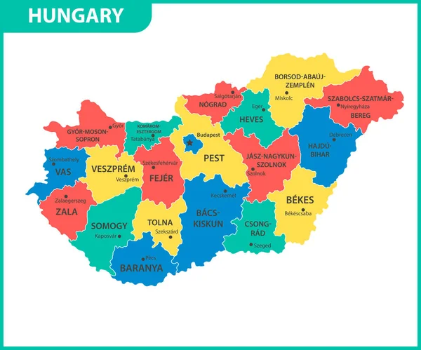 Mappa Dettagliata Dell Ungheria Con Regioni Stati Città Capitale Divisione — Vettoriale Stock