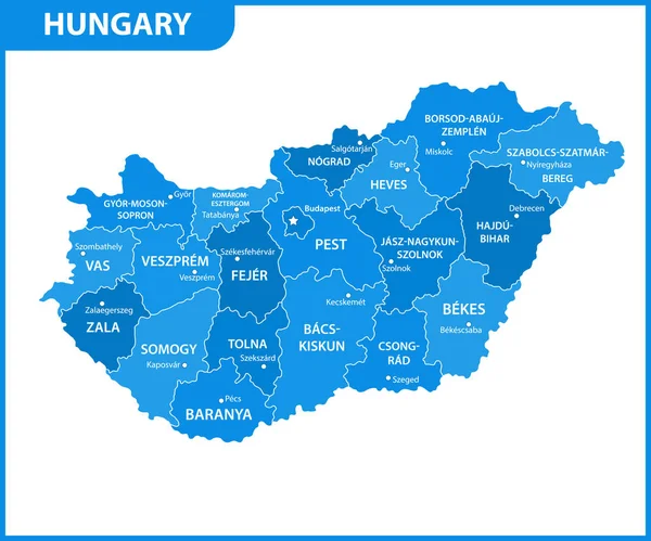 Mapa Detallado Hungría Con Regiones Estados Ciudades Capital División Administrativa — Vector de stock