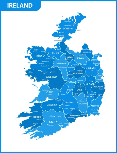 地域または州と都市 首都のアイルランドの詳細地図 — ストックベクタ
