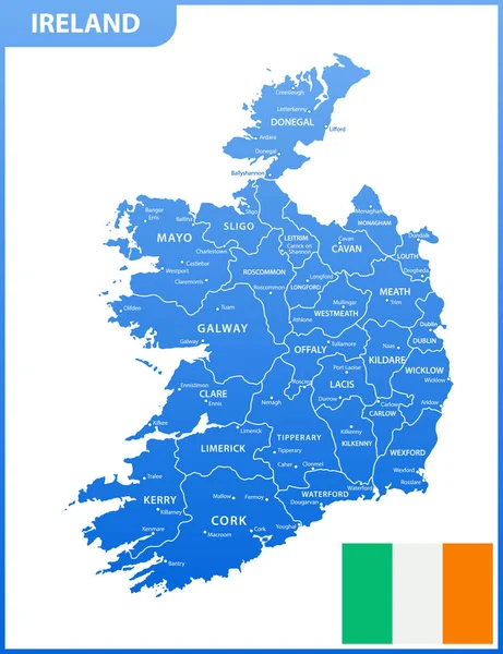 地域または州と都市 国旗でアイルランドの詳しいマップ — ストックベクタ