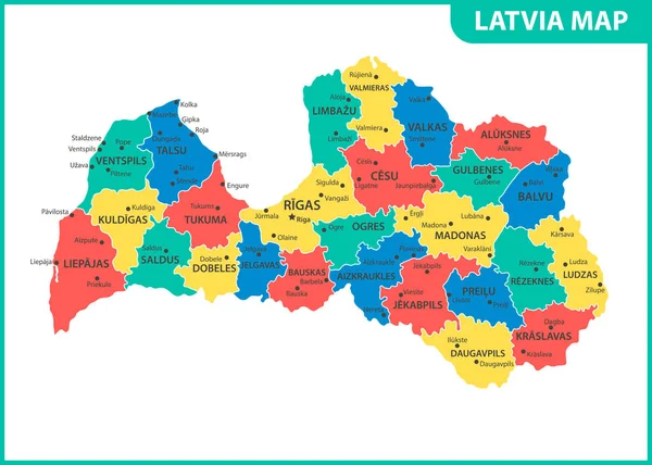 Detailed Map Latvia Regions States Cities Capital Administrative Division — Stock Vector