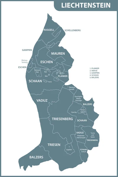 Mapa Detallado Liechtenstein Con Regiones Estados División Administrativa — Vector de stock