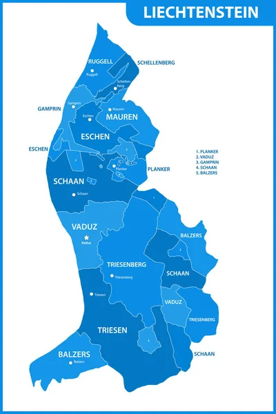 Részletes Térképe Liechtenstein Régiók Vagy Államok Városok Fővárosok Igazgatási Osztály — Stock Vector