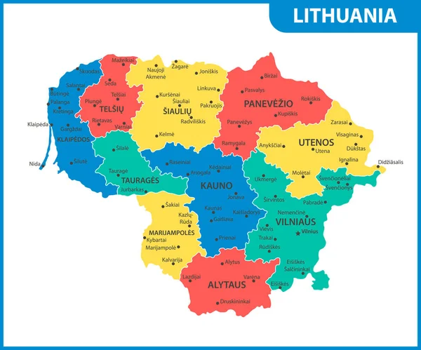 Mapa Detallado Lituania Con Regiones Estados Ciudades Capital División Administrativa — Vector de stock