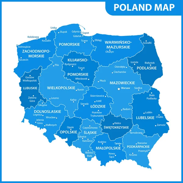 Szczegółowa Mapa Polski Regionów Lub Państw Miast Stolice Podział Administracyjny — Wektor stockowy