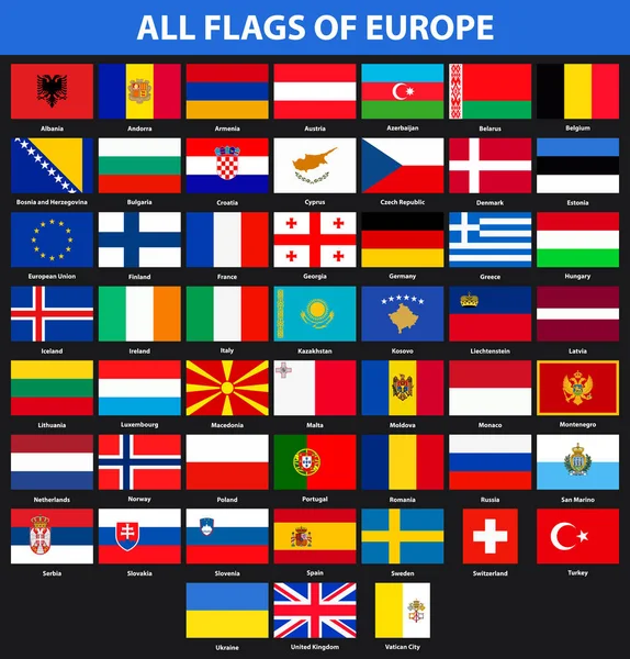 Lijst Van Vlaggen Van Alle Landen Van Europa Vlakke Stijl — Stockvector