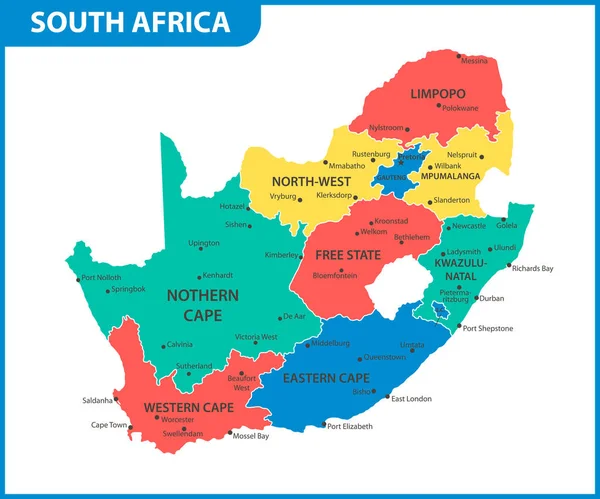 Mappa Dettagliata Del Sud Africa Con Regioni Stati Città Capitale — Vettoriale Stock