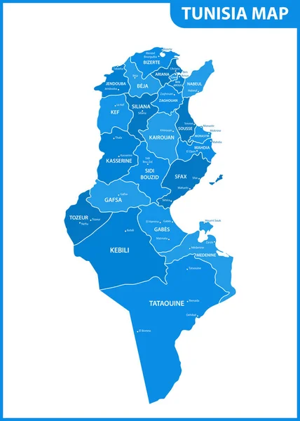 Mapa Detallado Túnez Con Regiones Estados Ciudades Capitales División Administrativa — Vector de stock