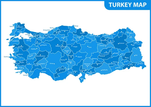 Bölgeler Veya Birleşik Şehirler Sermaye Ile Detaylı Türkiye Haritası Yönetim — Stok Vektör