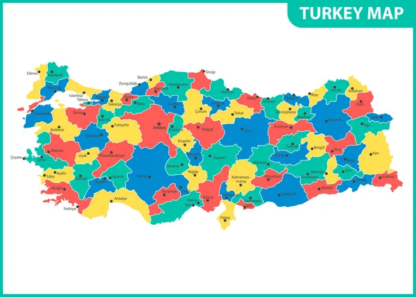Podrobná Mapa Turecka Regiony Státy Města Kapitál Administrativní Rozdělení — Stockový vektor