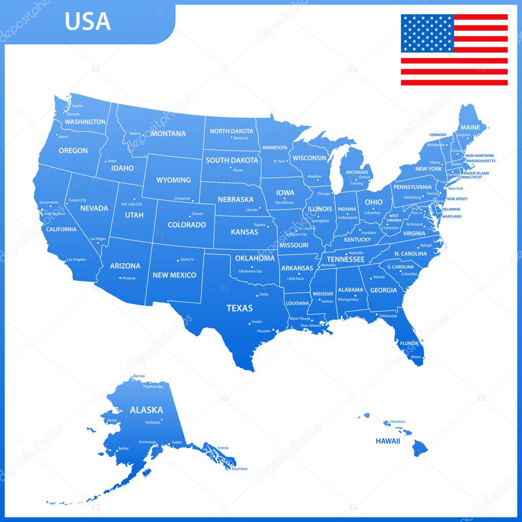 The detailed map of the USA with regions or states and cities, capital. United States of America with national flag