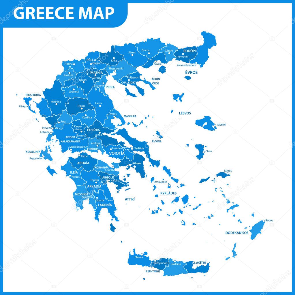 The detailed map of Greece with regions or states and cities, capital. Administrative division.
