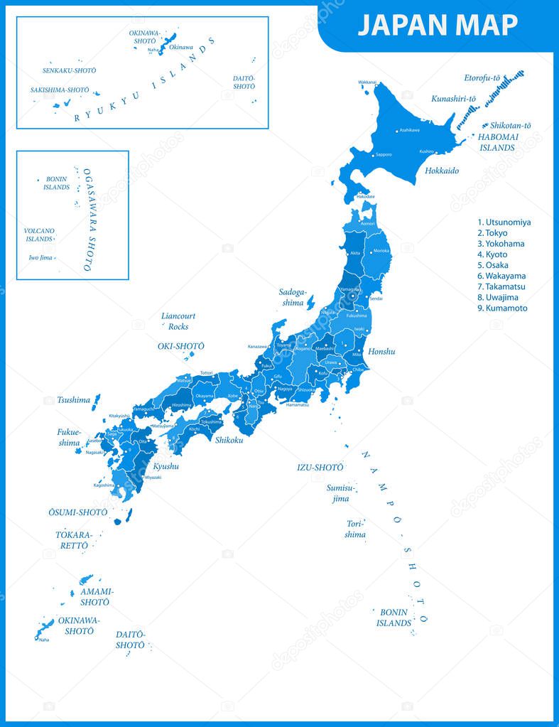 The detailed map of the Japan with regions or states and cities, capitals