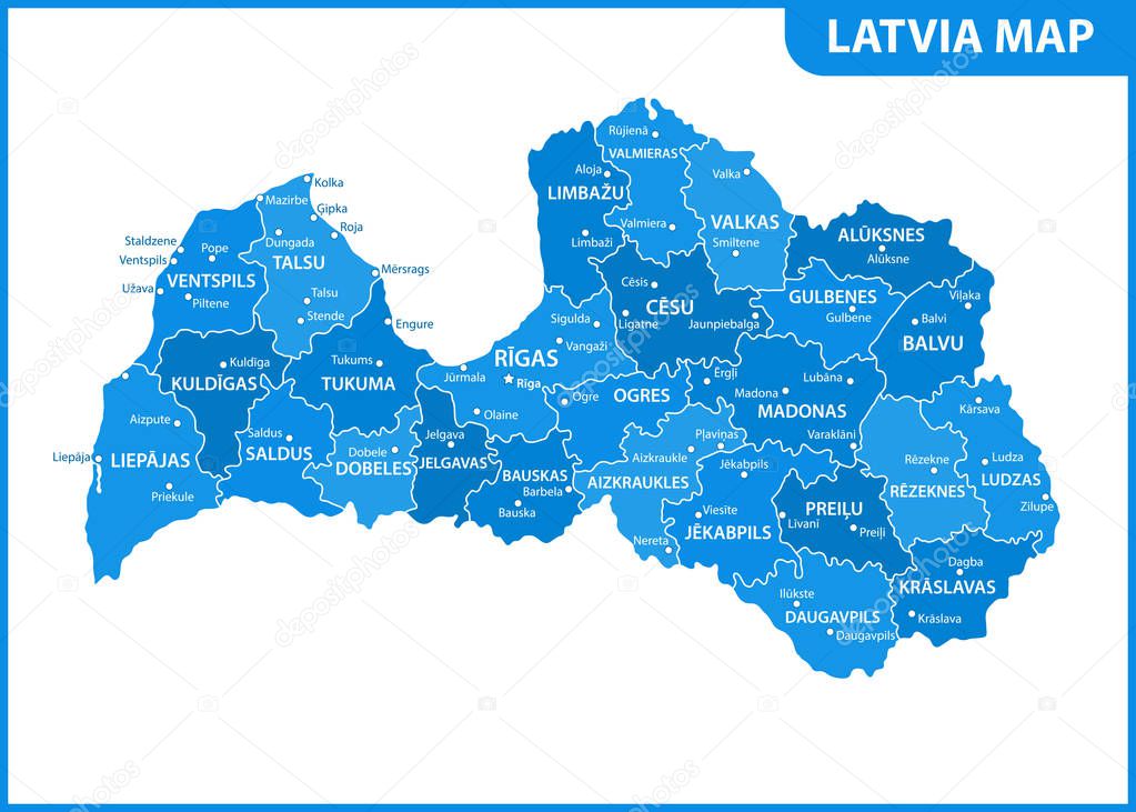 The detailed map of Latvia with regions or states and cities, capital. Administrative division