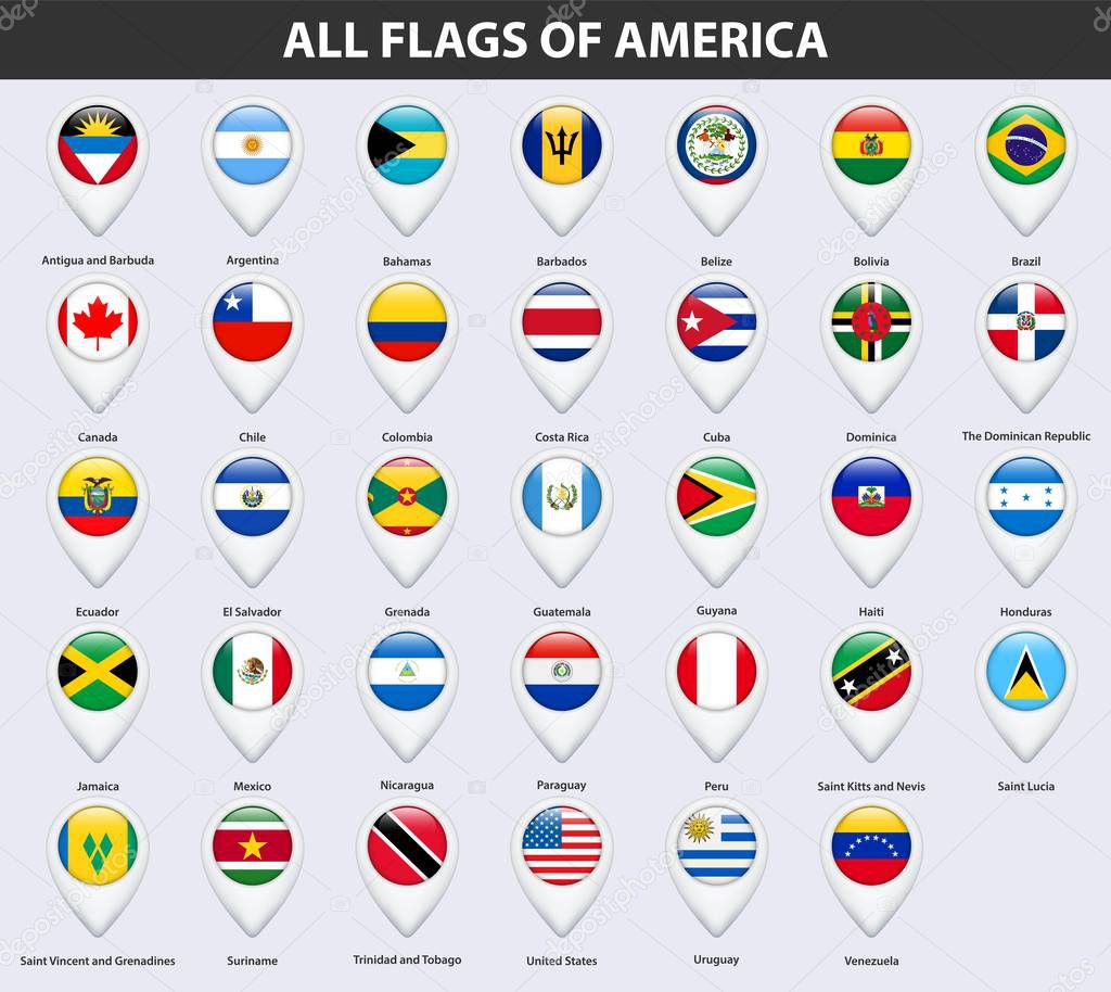 All flags of the countries of America. Pin map pointer glossy style.