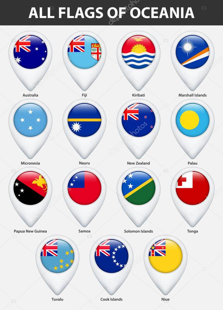 All flags of the countries of Oceania. Pin map pointer glossy style.
