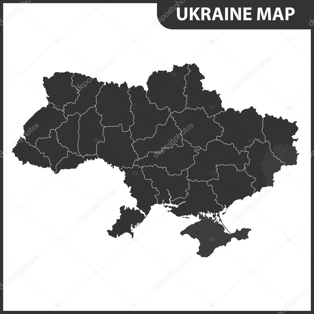 The detailed map of Ukraine with regions or states. Administrative division. Crimea, part of Donetsk and Lugansk regions is marked as a disputed territory