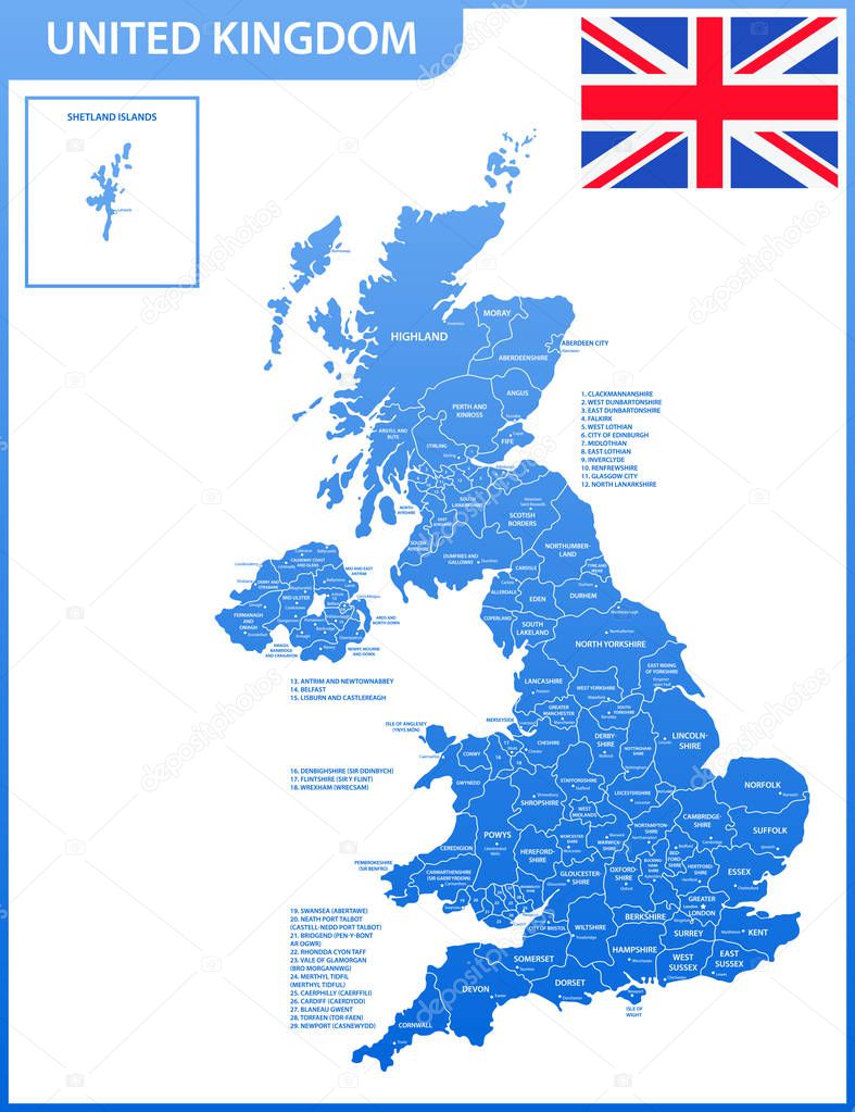 The detailed map of the United Kingdom with regions or states and cities, capitals. Actual current relevant UK, Great Britain administrative devision.