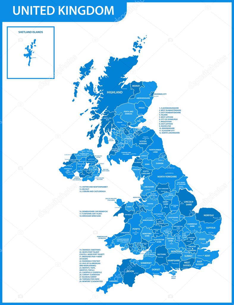 The detailed map of the United Kingdom with regions or states and cities, capitals. Actual current relevant UK, Great Britain administrative devision.