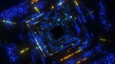 Soyut noktalı teknoloji dijital tünelinden geçin. Kare şeklinde. Parlak döngülü hareket arkaplanı