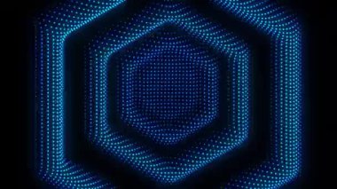 Dijital LED noktalardan oluşan soyut neon tünellerde dolaşın. Altıgen şeklinde. Parlak döngülü hareket arkaplanı