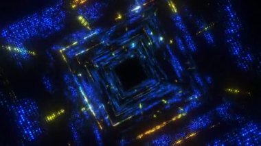 Soyut noktalı teknoloji dijital tünelinden geçin. Kare şeklinde. Parlak döngülü hareket arkaplanı