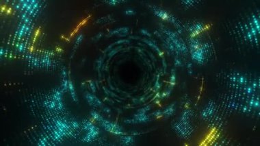 Soyut noktalı teknoloji dijital tünelinden geçin. Çember şeklinde. Parlak döngülü hareket arkaplanı