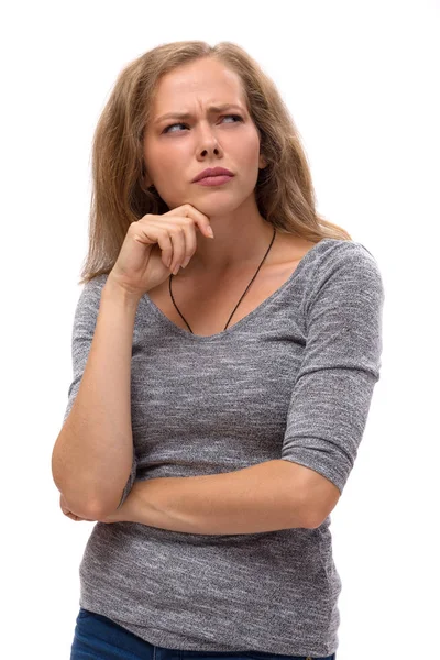 Young Pretty Thinking Woman Looking Away Hand Face Isolated White Stock Image