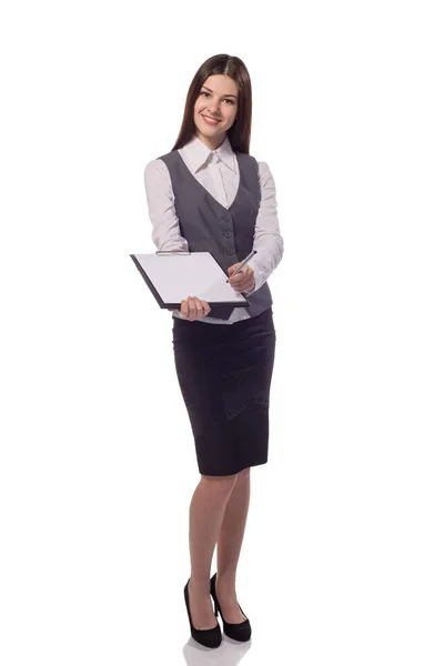Smiling woman with clipboard offer to sign document — Stock Photo, Image
