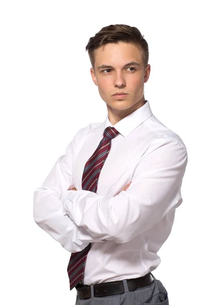 Joven hombre de negocios guapo en camisa blanca aislado en blanco —  Fotos de Stock