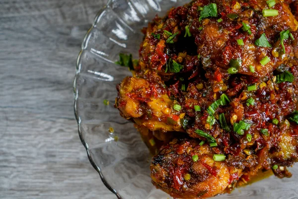 Sappig Kippenvlees Met Kruidige Geurige Balado Saus Balado Pasta Gemaakt — Stockfoto