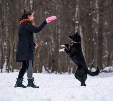 Frizbi siyah bir köpek ile karda oynarken güzel genç kız
