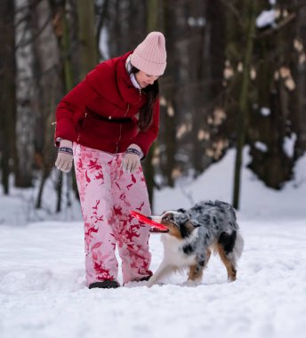 genç bir kız ve bir köpek frizbi disk karda oynayan Avustralyalı çoban doğurmak