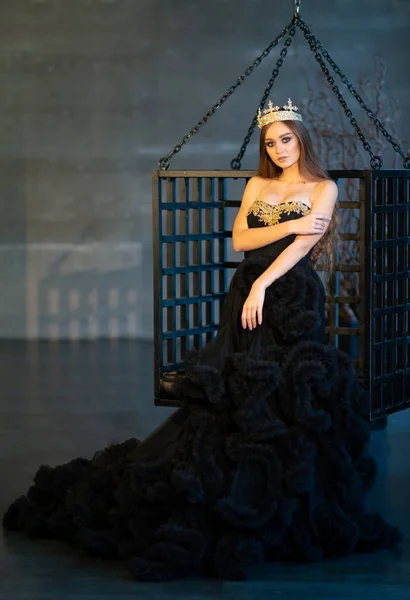 Model girl in a black dress and a crown on the background of the lattice